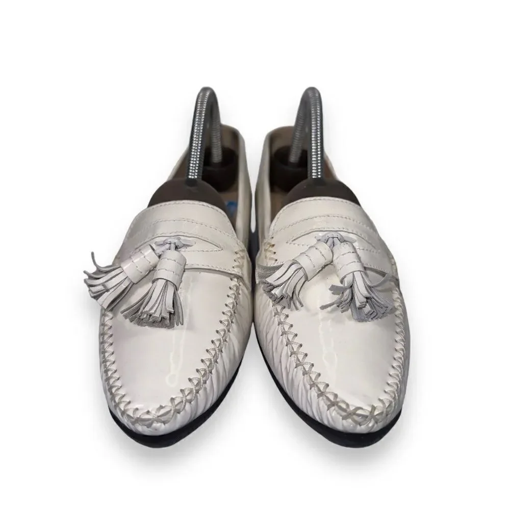 Stuart Weitzman Patient Leather Tassel Loafers White‎ Women's 9.5M